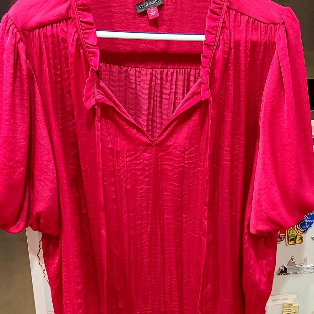 Vince Camuto Hot Pink Blouse Ruffle Neck Puff Sleeve NWOT 2XL